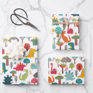 Kids Personalised Dinosaur Forest Colourful Wrapping Paper Sheet