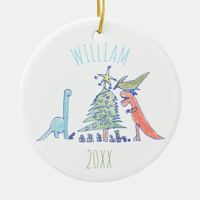 Kids Personalised Dinosaur Holiday Christmas Ceramic Ornament (Front)