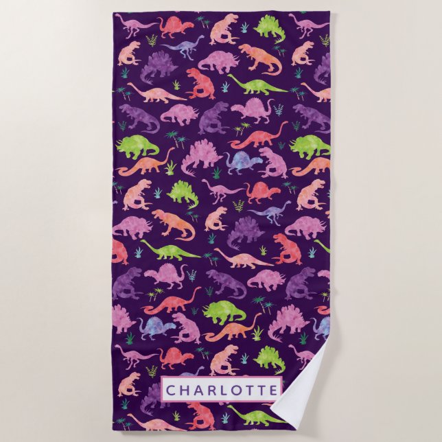 Kids Personalised Dinosaur Watercolor Purple Girls Beach Towel (Front)