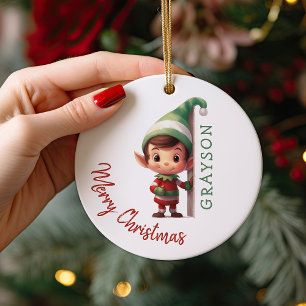 Kids Personalised Elf Christmas Tree Ceramic Ornament