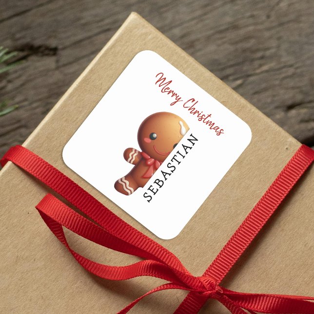 Kids Personalised Gingerbread Man Christmas Square Sticker (Creator Uploaded)