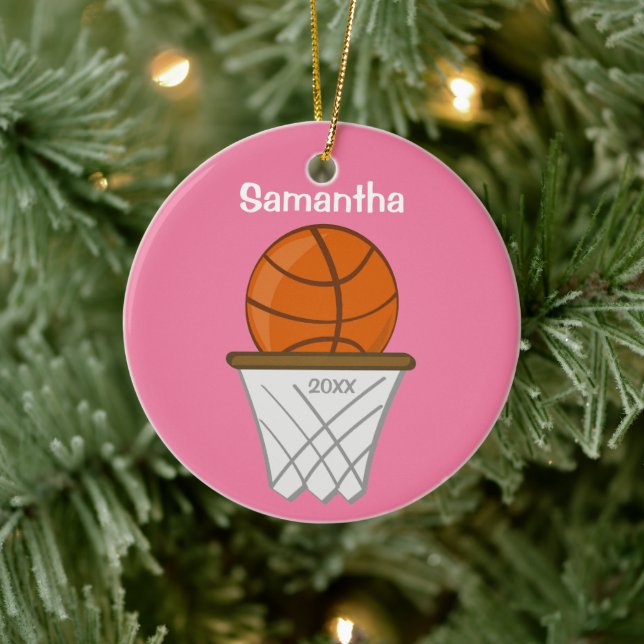 Kids Personalised Girl Basketball Pink Keepsake Ceramic Ornament (Tree)