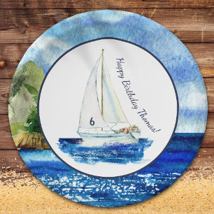 Kids Personalised Ocean Sailboat Birthday Party Paper Plate