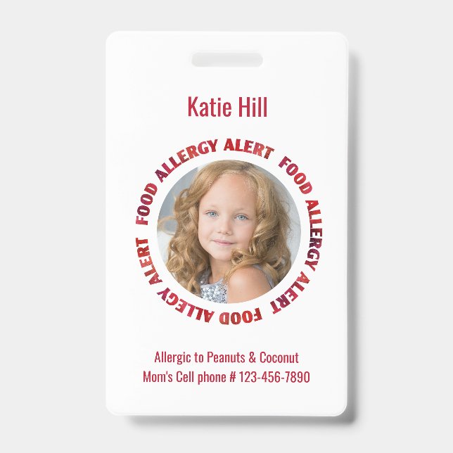 Kids Personalised Photo Food Allergy Medical Alert ID Badge (Front)