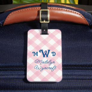 Kids Personalised Pink Monogram Gingham Bag Tag