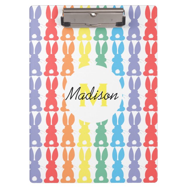 Kids Personalised Rainbow Bunny Silhouette Cute Clipboard (Front)