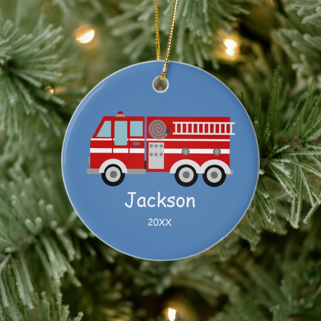Kids Personalised Red Fire Truck Christmas Ceramic Ornament (Tree)