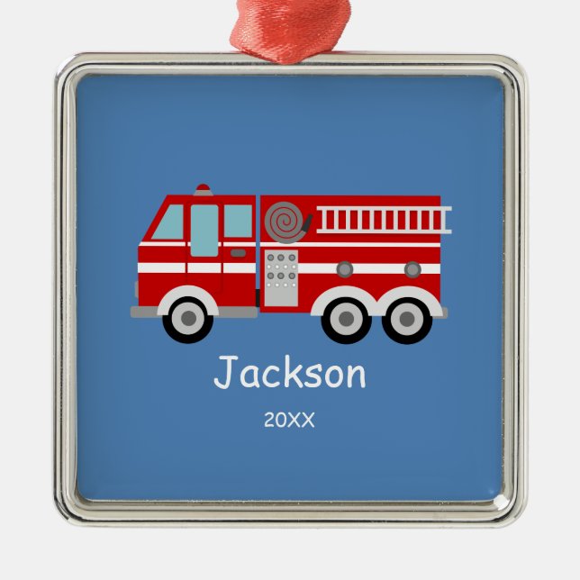 Kids Personalised Red Fire Truck Christmas Metal Ornament (Front)