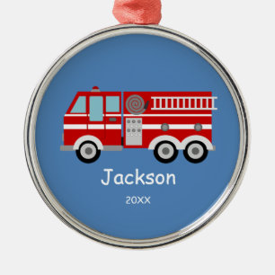 Kids Personalised Red Fire Truck Christmas Metal Ornament