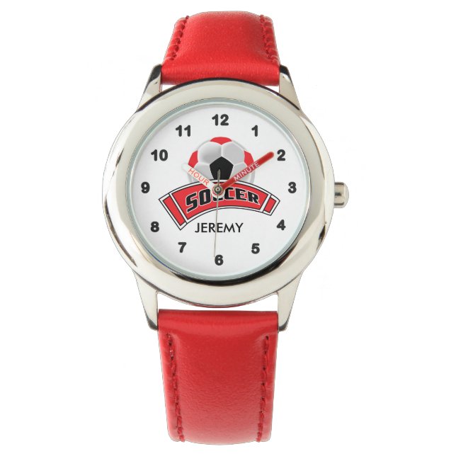 Kids Personalised Red Soccer  Watch (Front)