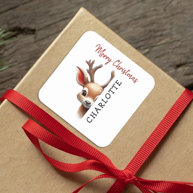 Kids Personalised Reindeer Christmas Square Sticker (Creator Uploaded)