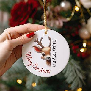 Kids Personalised Reindeer Christmas Tree Ceramic Ornament
