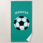 Kids Personalised Soccer Ball Green Sports Beach Towel<br><div class="desc">Kids Personalised Soccer Ball Teal Sports Beach Towel. Personalise with name in white font above a large geometric style black and white soccer ball. Customise to change bright green background to other colour. Perfect for soccer fans. www.SamAnnDesigns.com</div>