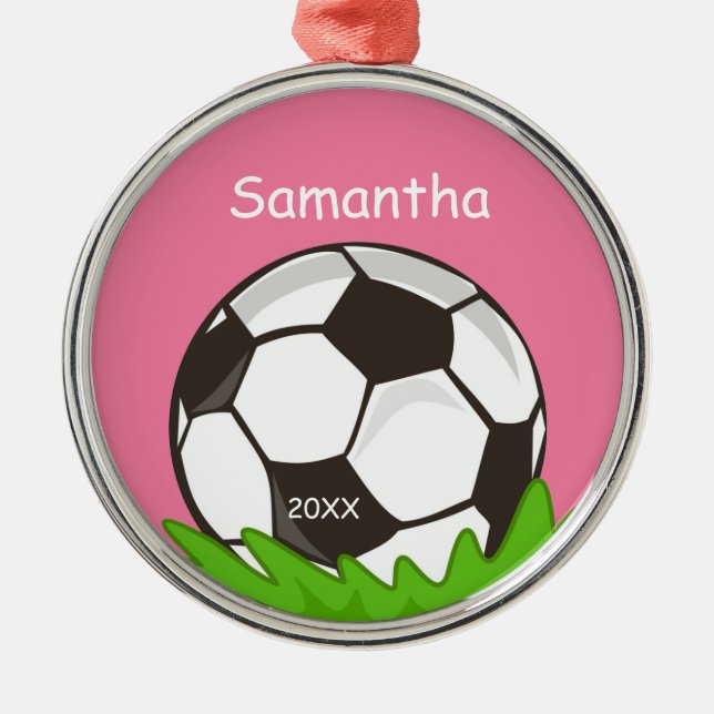 Kids Personalised Soccer Ball Pink Metal Tree Decoration (Front)