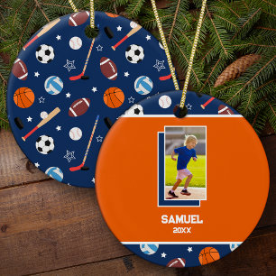 Kids Personalised Sports Pattern Photo Christmas Ceramic Ornament