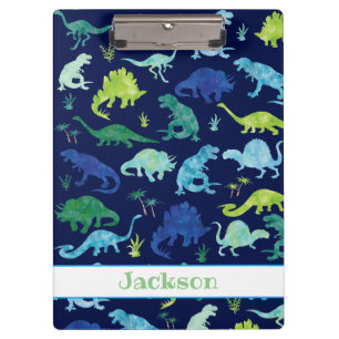 Kids Personalised Watercolor Dinosaur Blue Green Clipboard