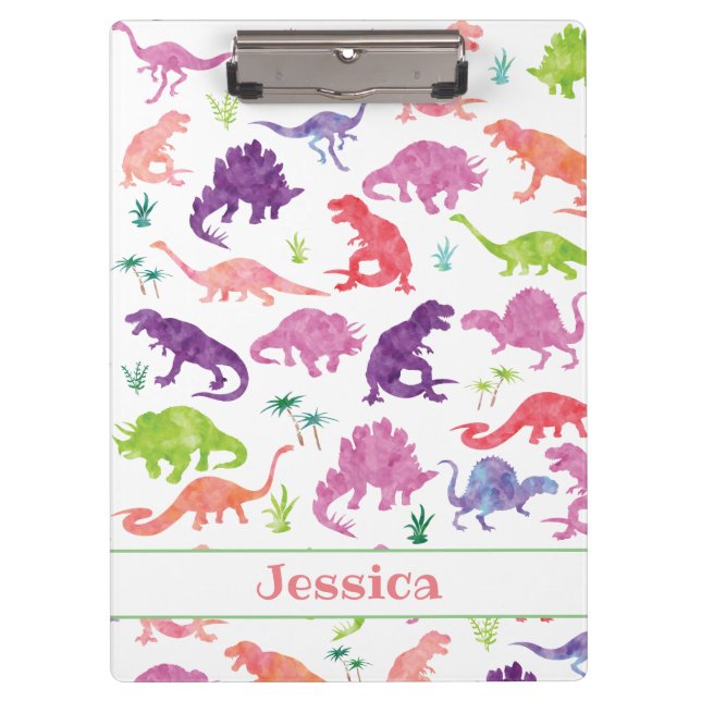 Kids Personalised Watercolor Dinosaur Purple Pink Clipboard (Front)