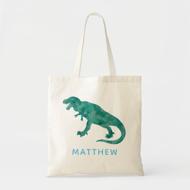 Kids Personalised Watercolor Dinosaur T-Rex Tote Bag (Front)