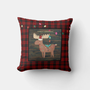 Kids Personalised Xmas MOOSE Buffalo Plaid Cushion