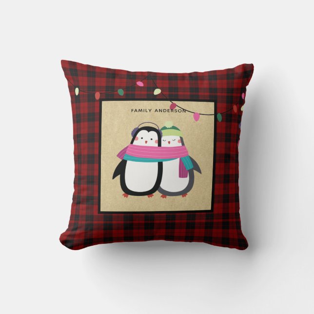 Kids Personalised Xmas Penguins Buffalo Plaid Cushion (Front)