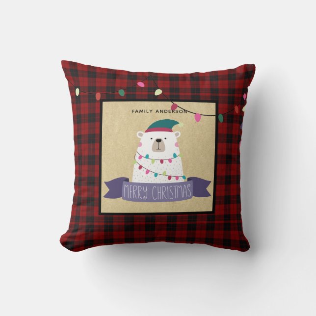 Kids Personalised Xmas PolarBear Buffalo Plaid Cushion (Front)