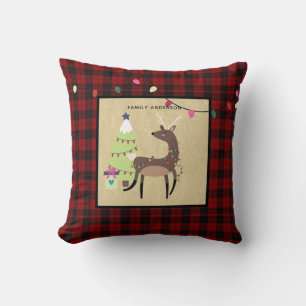 Kids Personalised Xmas Reindeer Deer Buffalo Plaid Cushion