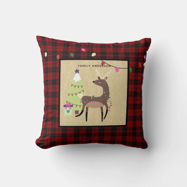 Kids Personalised Xmas Reindeer Deer Buffalo Plaid Cushion (Front)