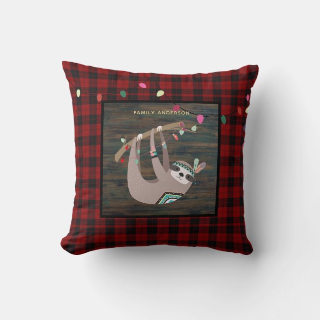 Kids Personalised Xmas SLOTH Buffalo Plaid Cushion (Front)