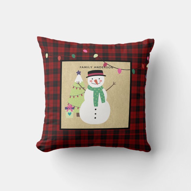 Kids Personalised Xmas Snowman Buffalo Plaid Cushion (Front)
