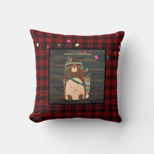 Kids Personalised Xmas Tribal Bear Buffalo Plaid Cushion