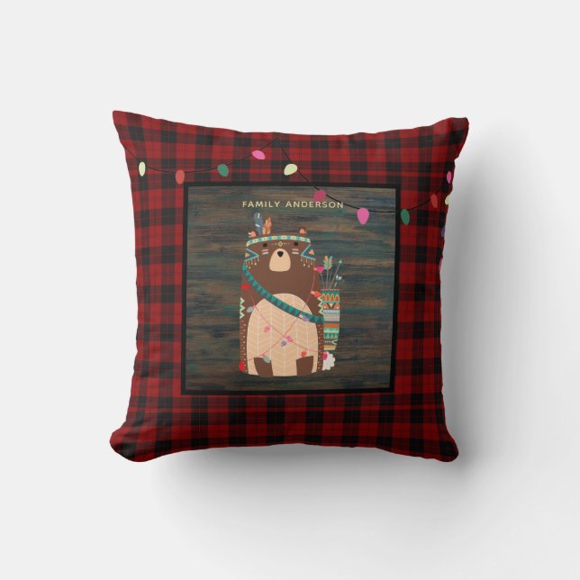 Kids Personalised Xmas Tribal Bear Buffalo Plaid Cushion (Front)