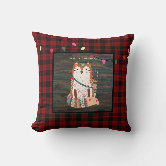 Kids Personalised Xmas Tribal FOX Buffalo Plaid Cushion (Front)