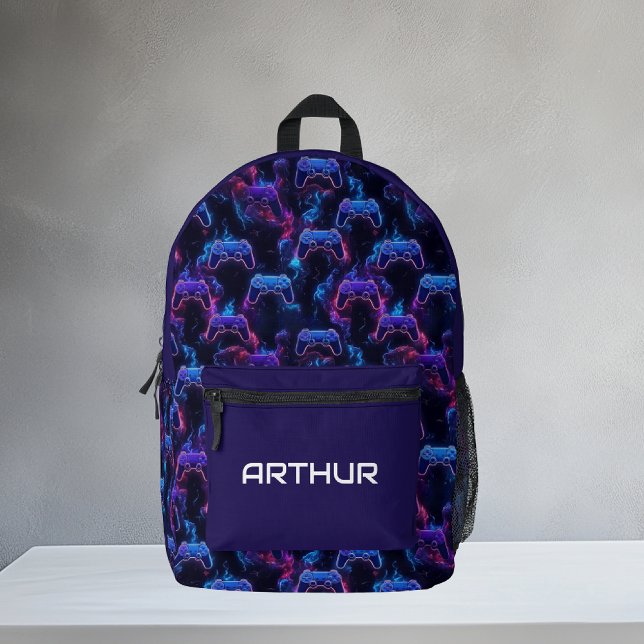 Kids Personalized Neon Gaming Controller Pattern Printed Backpack (Creator Uploaded)