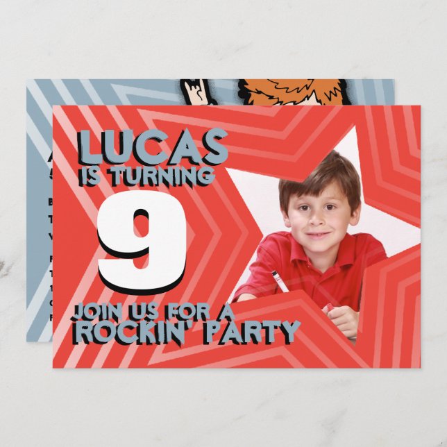 Kids photo boys 9th birthday party red blue invite (Front/Back)