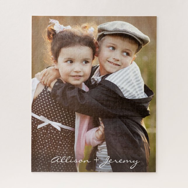 Kids Photo Modern Script Monogram Name Jigsaw Puzzle (Vertical)