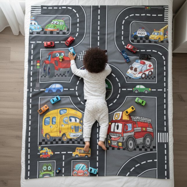 Kids Photo Road Map Cute Cartoon Vehicles Street Fleece Blanket (Creator Uploaded)