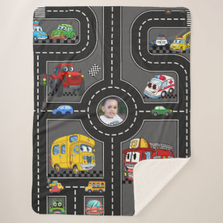 Kids Photo Road Map Cute Cartoon Vehicles Street Sherpa Blanket