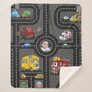 Kids Photo Road Map Cute Cartoon Vehicles Street Sherpa Blanket