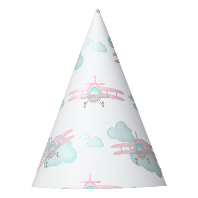 Kids Pink Airplane Flying Aviation Birthday Party Hat (Front)