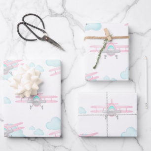 Kids Pink Airplane Flying Aviation Birthday Wrapping Paper Sheet