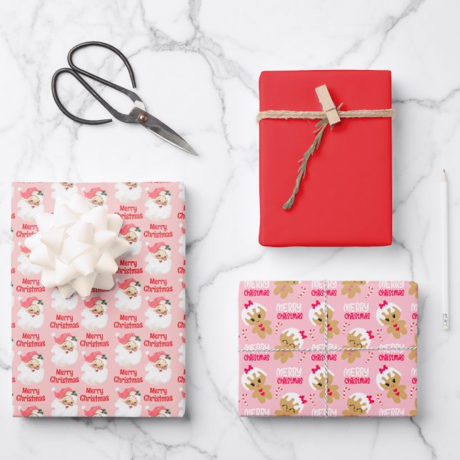 Kids Pink Christmas Wrapping Paper Sheet Set of 3 (Front)
