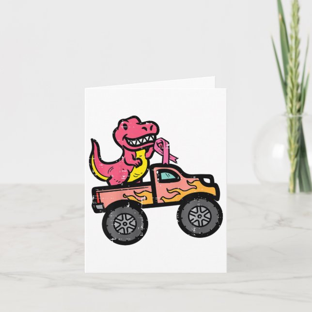 Kids Pink Dino Monster Truck Breast Cancer Awarene Card (Front)