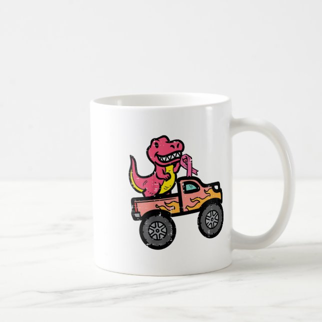 Kids Pink Dino Monster Truck Breast Cancer Awarene Coffee Mug (Right)