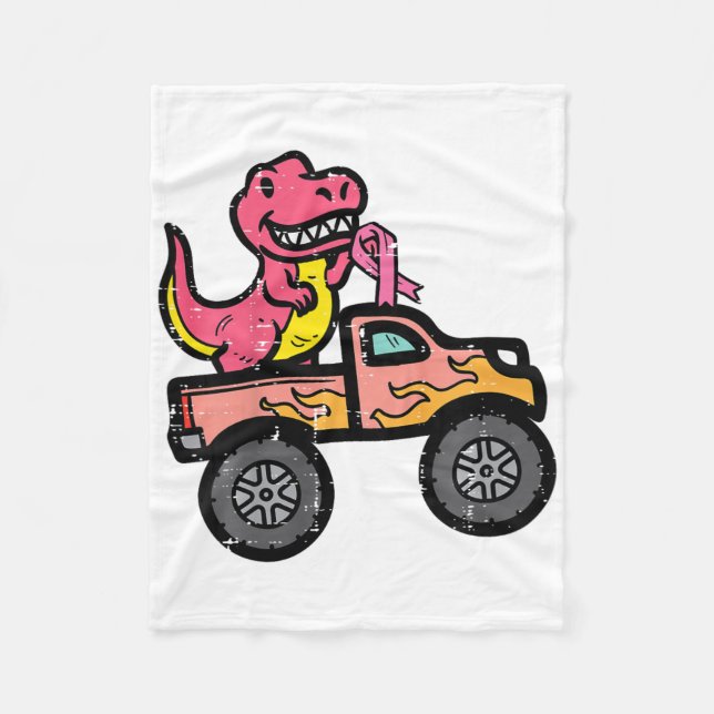 Kids Pink Dino Monster Truck Breast Cancer Awarene Fleece Blanket (Front)