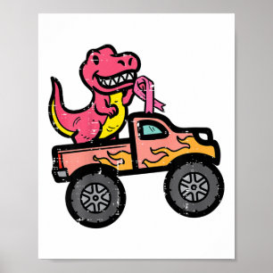 Kids Pink Dino Monster Truck Breast Cancer Awarene Poster