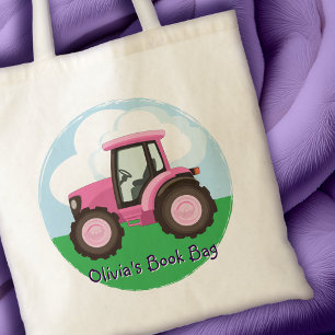 Kids Pink Farm Tractor Cute Girly Personalised Tote Bag