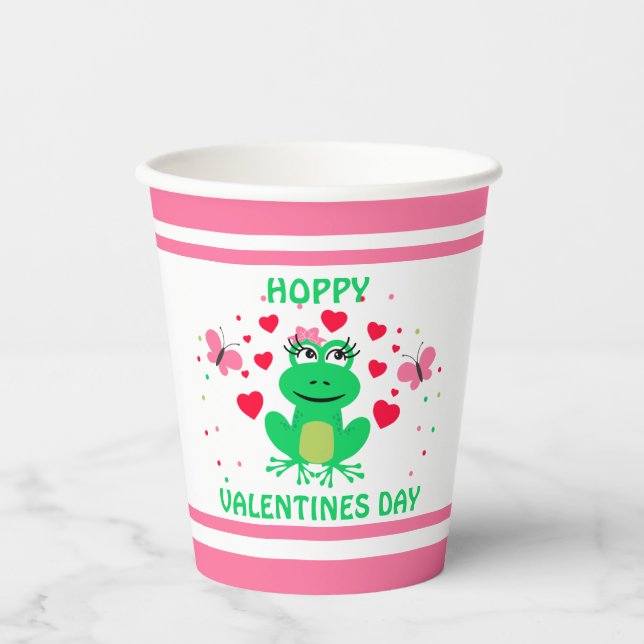 Kids Pink Frog "Hoppy" Valentines Day Paper Cups (Front)