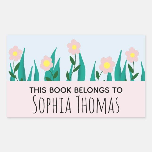 Kids Pink Girly Flowers & Name Bookplate Rectangular Sticker (Front)