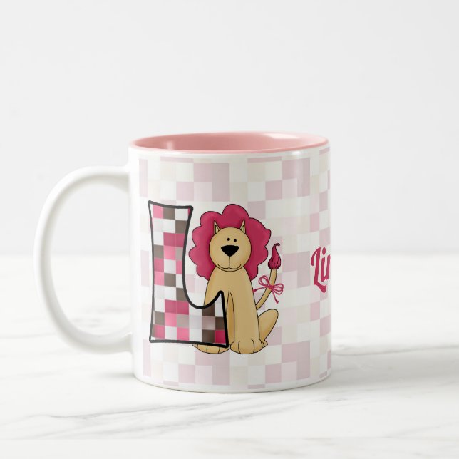 Kid's Pink Lion Monogram Letter L Two-Tone Coffee Mug (Left)