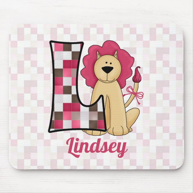 Kid's Pink Lion Monogrammed Letter L Mouse Pad (Front)